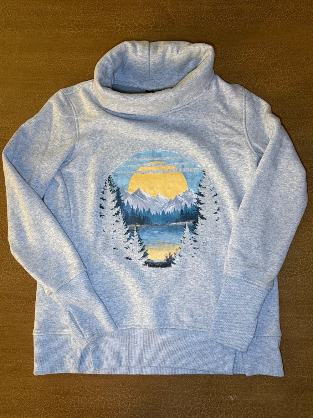 90 Degrees Cowl Neck Sweatshirt Sunrise Transfer - Size Small HANDMADE UPCYCLED